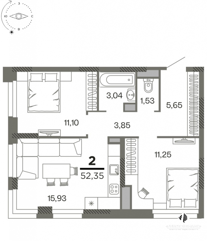 2-х комнатная квартира в новом ЖК общей площадью 52 кв.м.